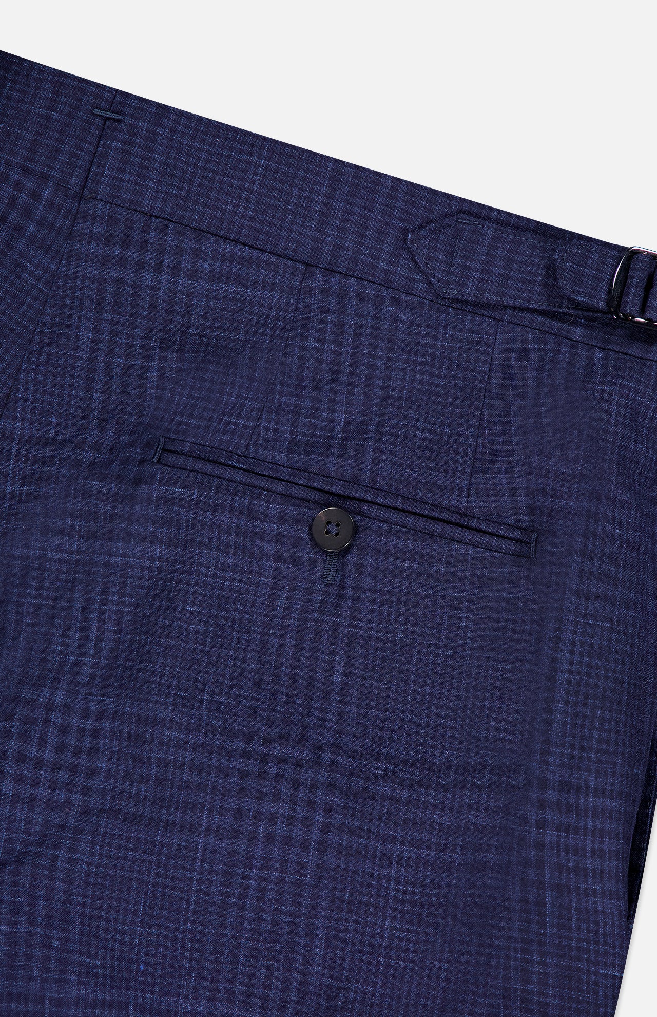 Close-up of the back pocket on ISAIA's Seersucker Comfort Suit Trouser Pant, featuring a button closure, subtle plaid texture, and an adjustable tab on the waistband—classic details for men's dress trousers.