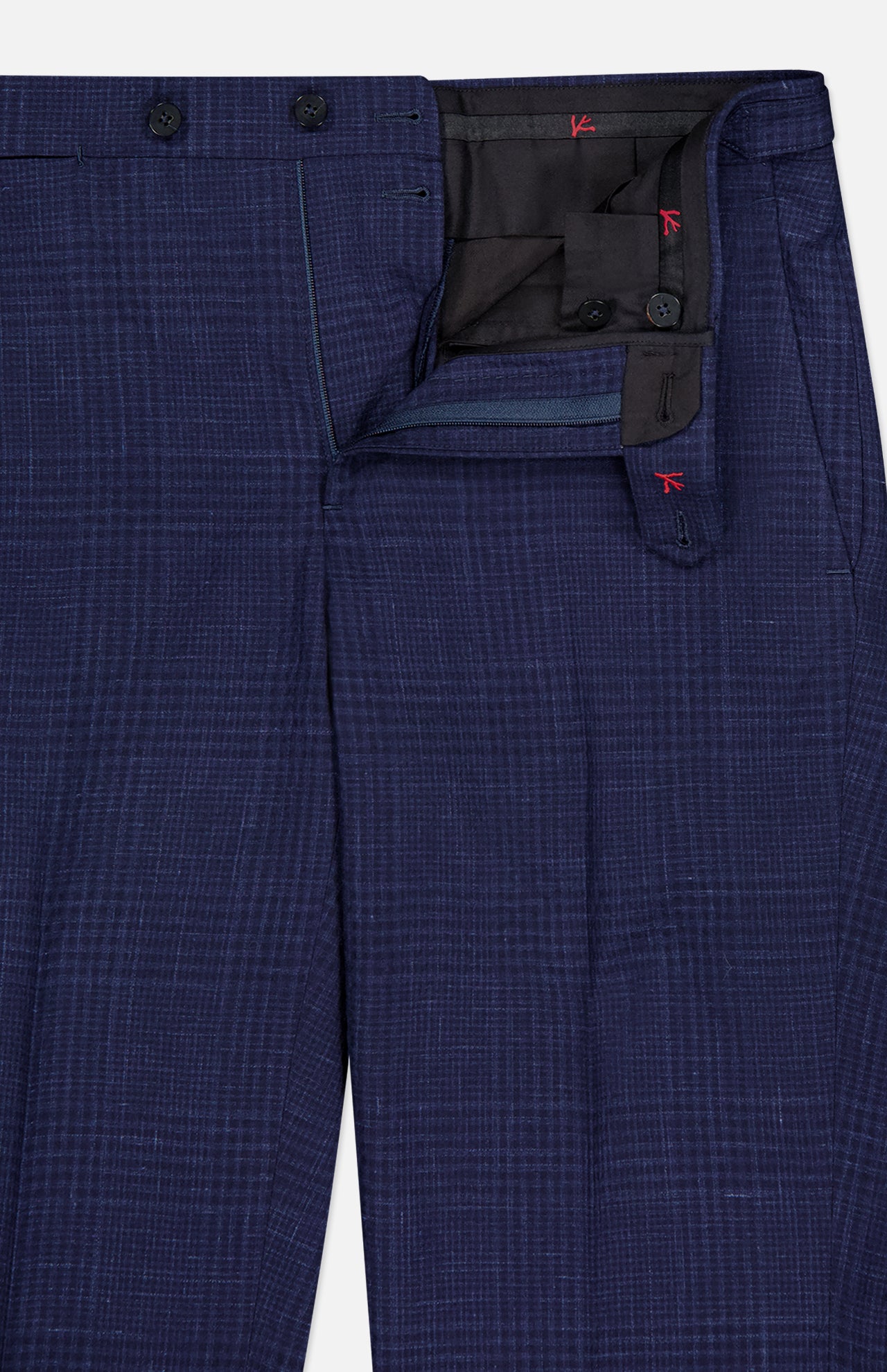 The ISAIA Seersucker Comfort Suit Trouser Pant for men features a blue plaid design with an unbuttoned waistband and partially open zipper, showcasing the inner lining and button details.