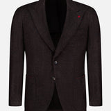 Introducing the ISAIA Soft Boucle Alpaca & Wool Sportcoat for men—a dark brown jacket crafted in Italy, featuring a notch lapel, two-button closure, front pockets, and a distinctive small red accent on the chest pocket. Displayed against a plain white background, this sophisticated sportcoat blends expert tailoring with luxurious alpaca and wool.