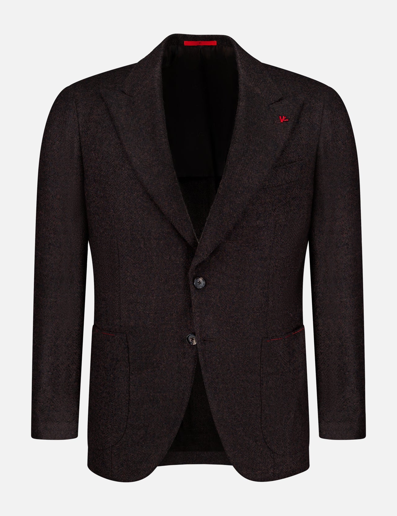 Introducing the ISAIA Soft Boucle Alpaca & Wool Sportcoat for men—a dark brown jacket crafted in Italy, featuring a notch lapel, two-button closure, front pockets, and a distinctive small red accent on the chest pocket. Displayed against a plain white background, this sophisticated sportcoat blends expert tailoring with luxurious alpaca and wool.
