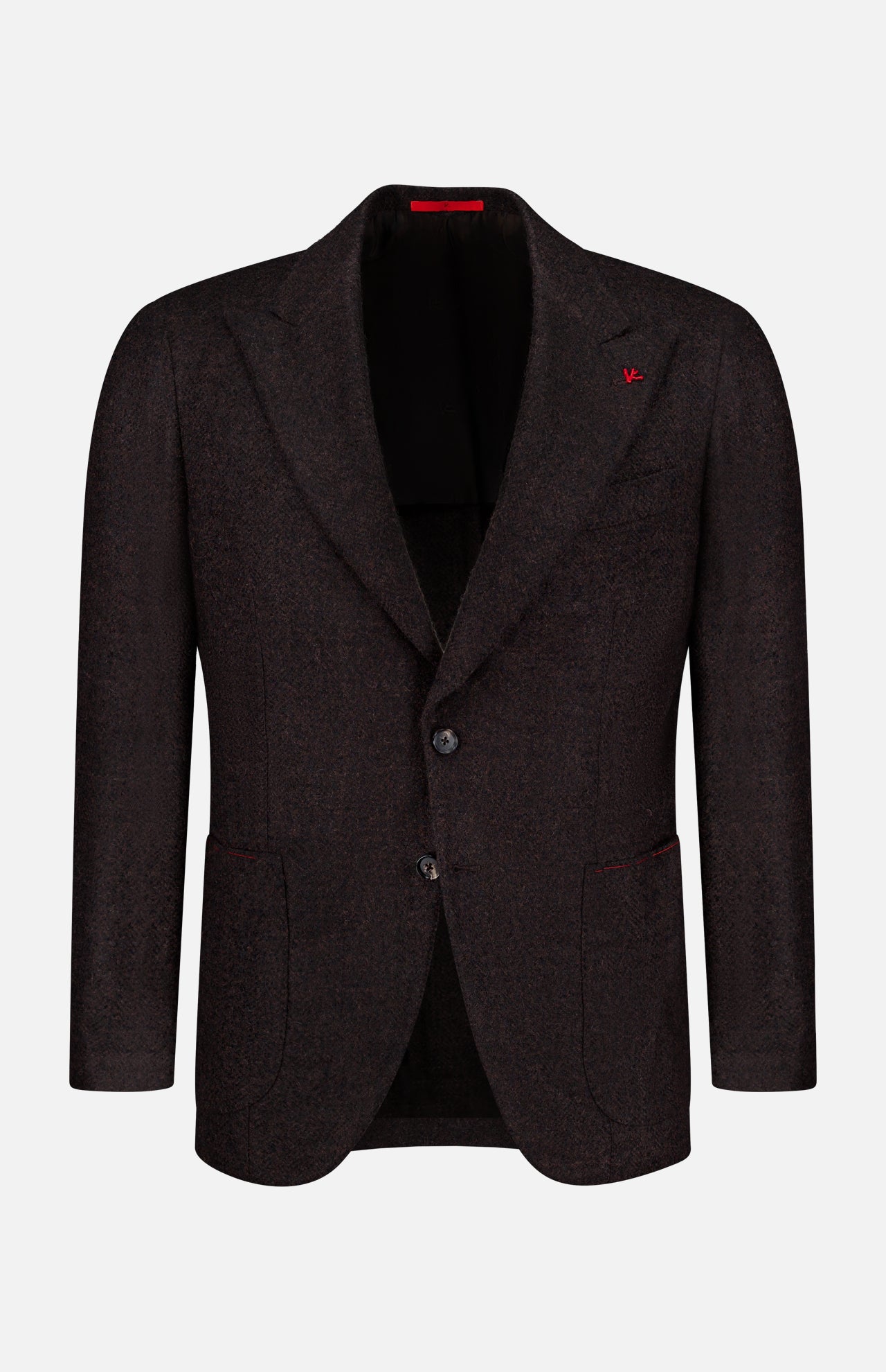Introducing the ISAIA Soft Boucle Alpaca & Wool Sportcoat for men—a dark brown jacket crafted in Italy, featuring a notch lapel, two-button closure, front pockets, and a distinctive small red accent on the chest pocket. Displayed against a plain white background, this sophisticated sportcoat blends expert tailoring with luxurious alpaca and wool.