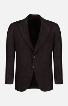 Introducing the ISAIA Soft Boucle Alpaca & Wool Sportcoat for men—a dark brown jacket crafted in Italy, featuring a notch lapel, two-button closure, front pockets, and a distinctive small red accent on the chest pocket. Displayed against a plain white background, this sophisticated sportcoat blends expert tailoring with luxurious alpaca and wool.