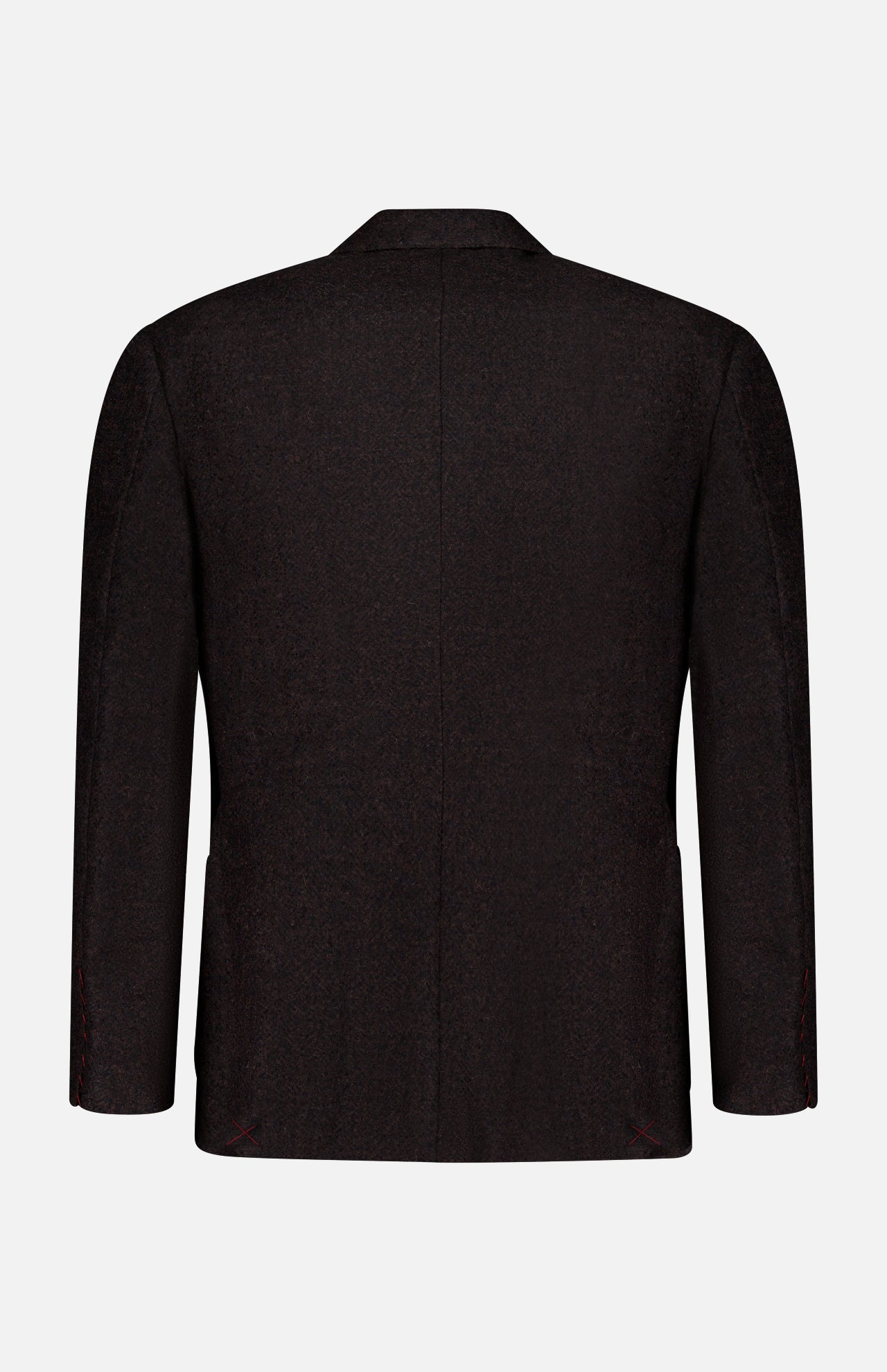 The ISAIA Soft Boucle Alpaca & Wool Sportcoat, shown from the back against a plain white background, features a deep brown hue, long sleeves, a central seam, and a simple collar; this Italian-made jacket is crafted from an alpaca wool blend.