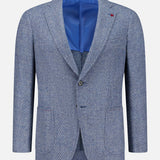 Soft blue patterned Soft Boucle Alpaca & Wool Sportcoat by ISAIA, featuring two front pockets, two buttons, and a visible bright blue lining. This refined Italian-made sportcoat is displayed on a plain white background.
