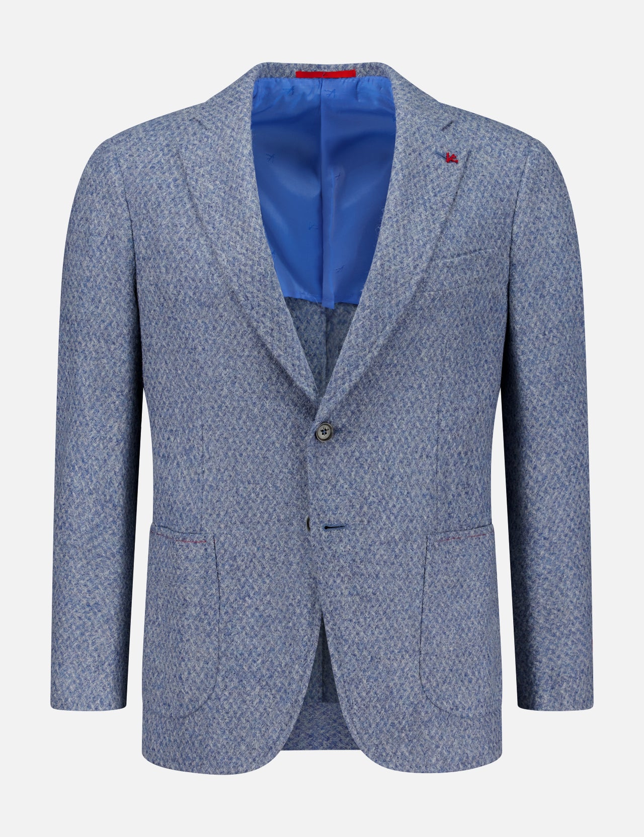 Soft blue patterned Soft Boucle Alpaca & Wool Sportcoat by ISAIA, featuring two front pockets, two buttons, and a visible bright blue lining. This refined Italian-made sportcoat is displayed on a plain white background.