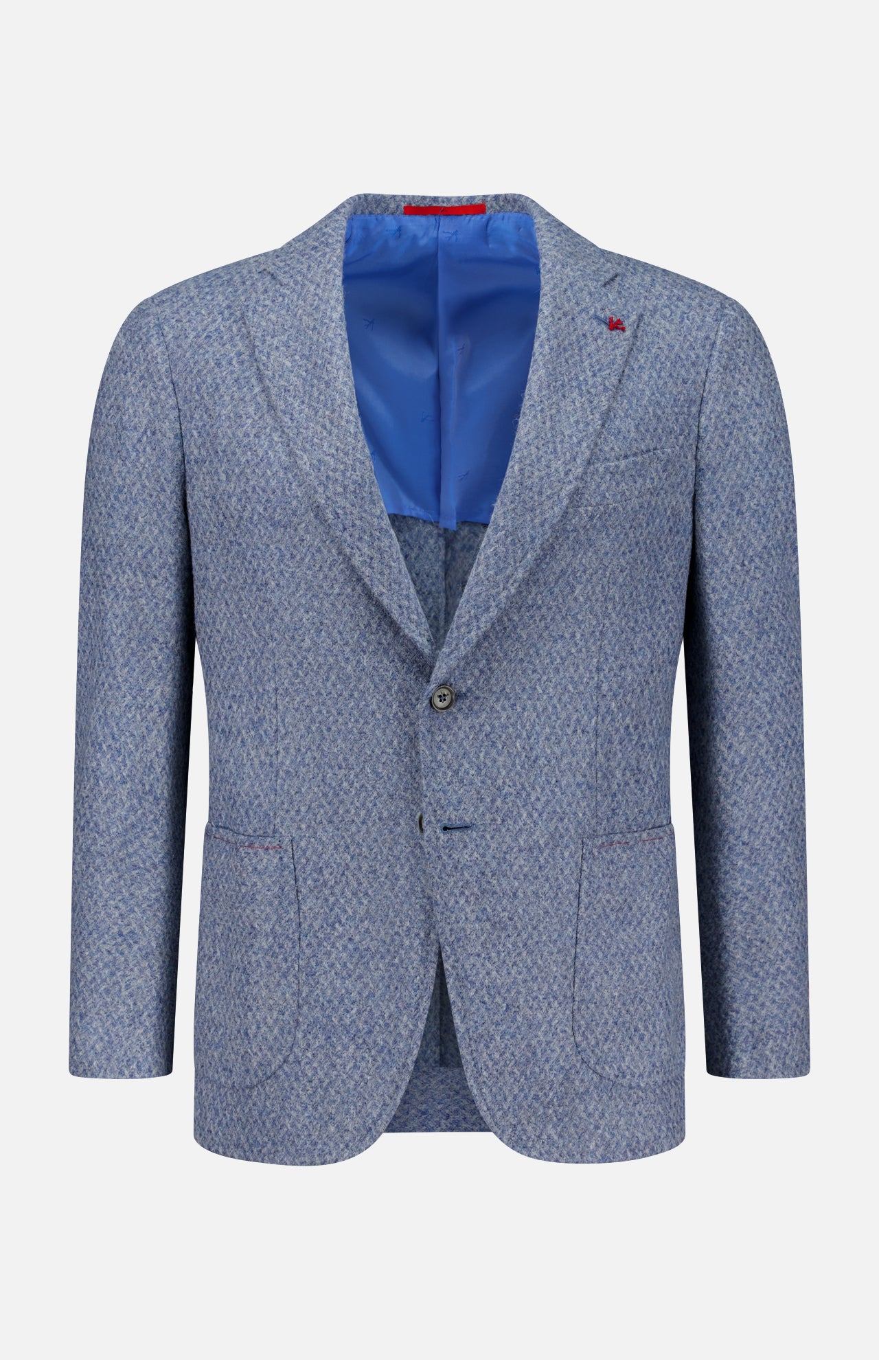 Soft blue patterned Soft Boucle Alpaca & Wool Sportcoat by ISAIA, featuring two front pockets, two buttons, and a visible bright blue lining. This refined Italian-made sportcoat is displayed on a plain white background.