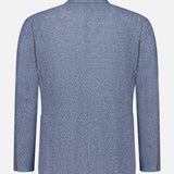 Back view of the ISAIA Soft Boucle Alpaca & Wool Sportcoat in light blue, featuring long sleeves and a notched collar, made in Italy and displayed on a plain white background.