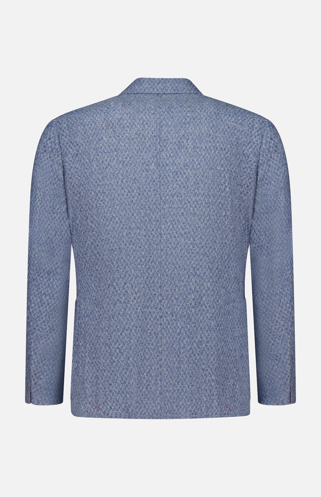 Back view of the ISAIA Soft Boucle Alpaca & Wool Sportcoat in light blue, featuring long sleeves and a notched collar, made in Italy and displayed on a plain white background.