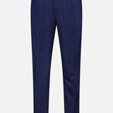 The ISAIA Soft Delain Casalnuovo Trouser Pant is a pair of tailored, dark blue navy trousers featuring a button closure, belt loops, and side pockets, expertly crafted in the Neapolitan tradition in Italy and displayed against a plain white background.