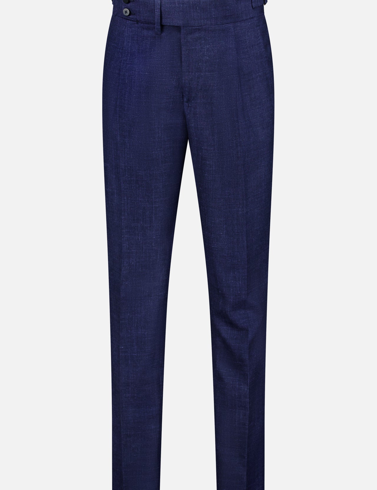The ISAIA Soft Delain Casalnuovo Trouser Pant is a pair of tailored, dark blue navy trousers featuring a button closure, belt loops, and side pockets, expertly crafted in the Neapolitan tradition in Italy and displayed against a plain white background.
