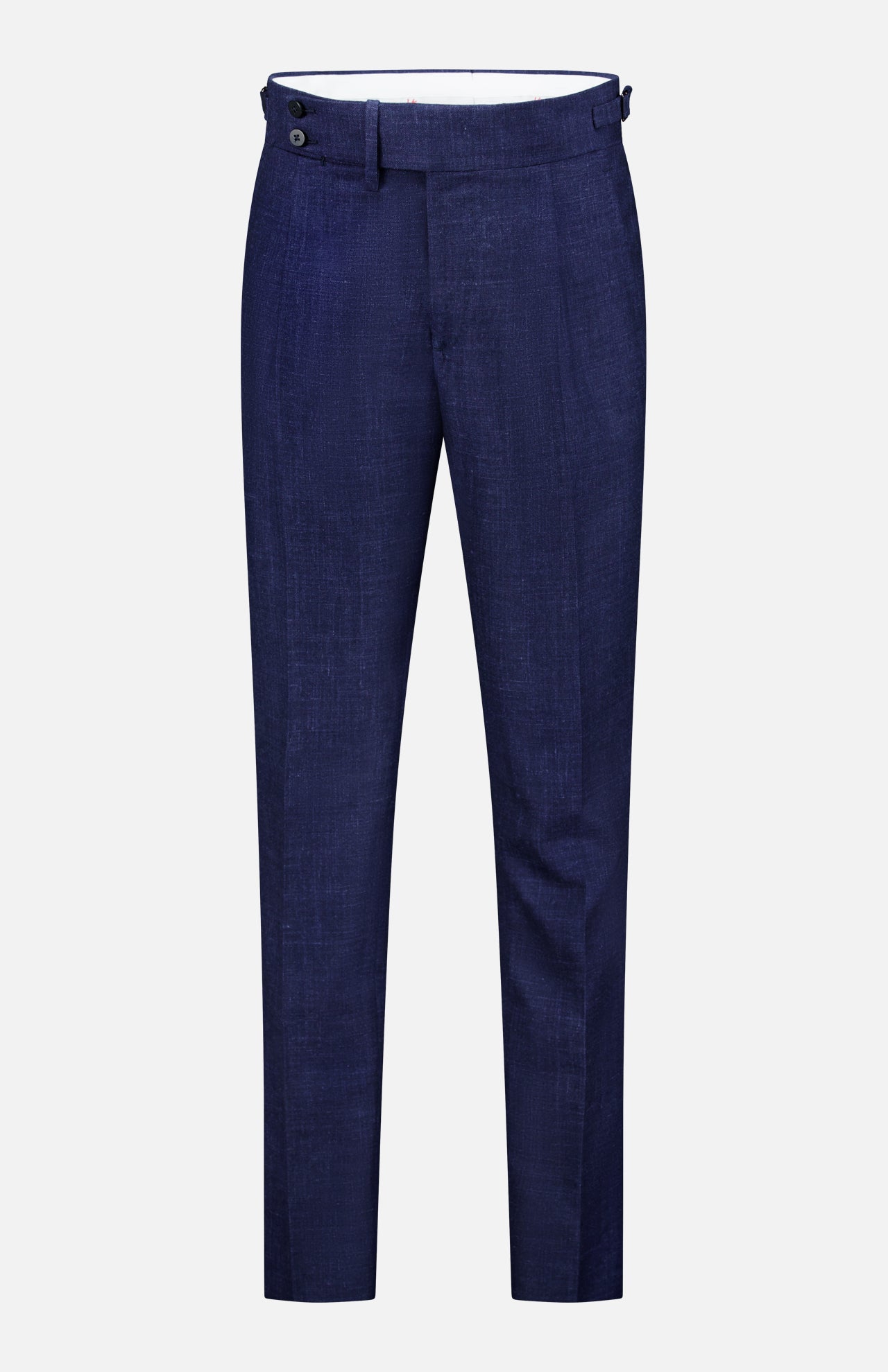 The ISAIA Soft Delain Casalnuovo Trouser Pant is a pair of tailored, dark blue navy trousers featuring a button closure, belt loops, and side pockets, expertly crafted in the Neapolitan tradition in Italy and displayed against a plain white background.