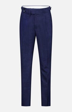 The ISAIA Soft Delain Casalnuovo Trouser Pant is a pair of tailored, dark blue navy trousers featuring a button closure, belt loops, and side pockets, expertly crafted in the Neapolitan tradition in Italy and displayed against a plain white background.