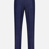 Back view of the ISAIA Soft Delain Casalnuovo Trouser Pant in tailored navy, featuring side adjusters, buttoned back pockets, and a subtle textured finish—crafted in the Neapolitan tradition and presented against a clean white background.