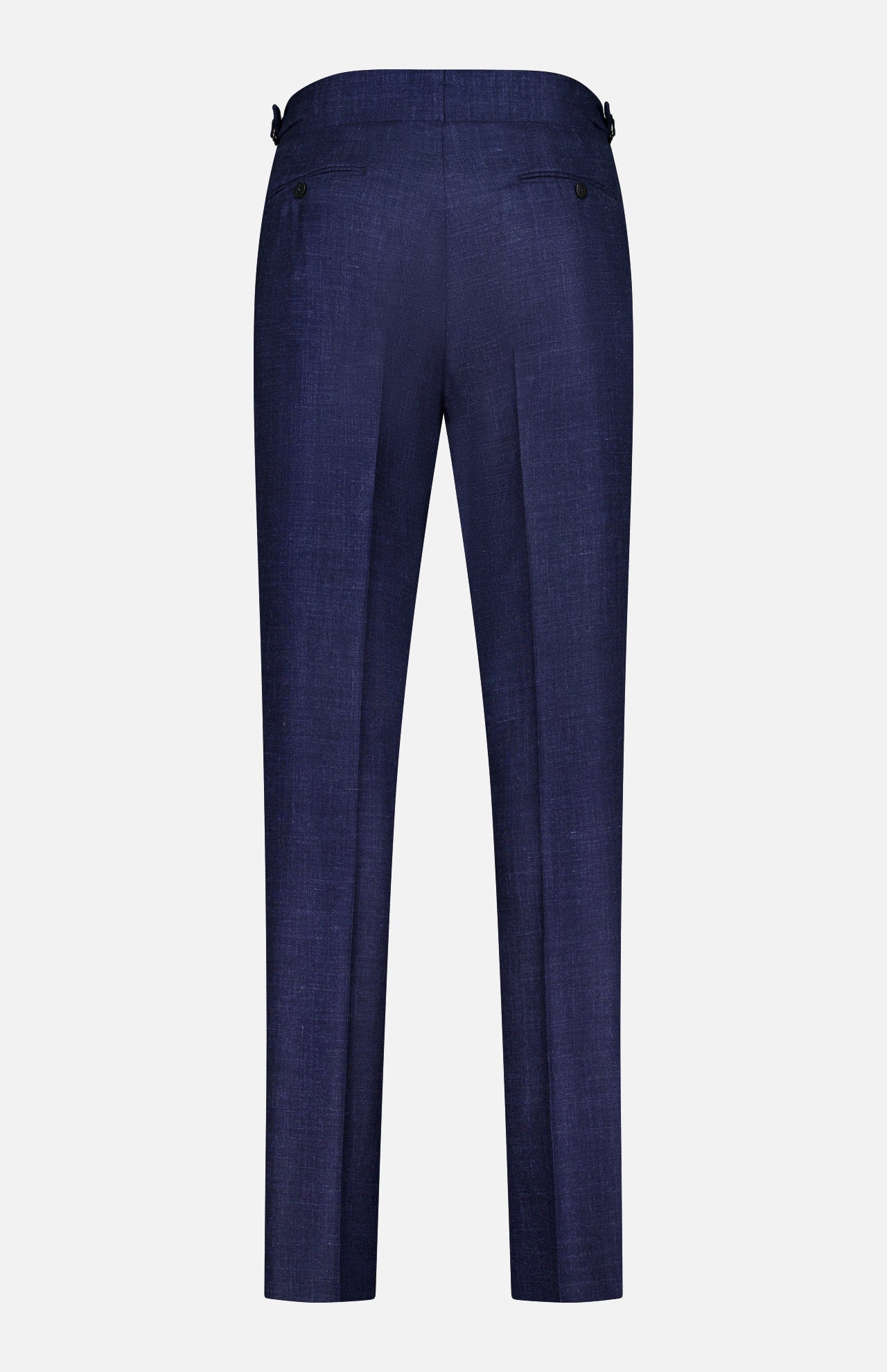 Back view of the ISAIA Soft Delain Casalnuovo Trouser Pant in tailored navy, featuring side adjusters, buttoned back pockets, and a subtle textured finish—crafted in the Neapolitan tradition and presented against a clean white background.