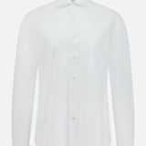 Showcasing timeless Italian dress shirt elegance, the ISAIA Solid 2 Ply Dress Shirt is a classic white long-sleeve button-up with a collar, pictured against a white background.