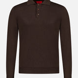 A Solid Silk Long Sleeve Polo Shirt by ISAIA, featuring a collar and three buttons in dark brown silk, made in Italy, is displayed on a plain white background.