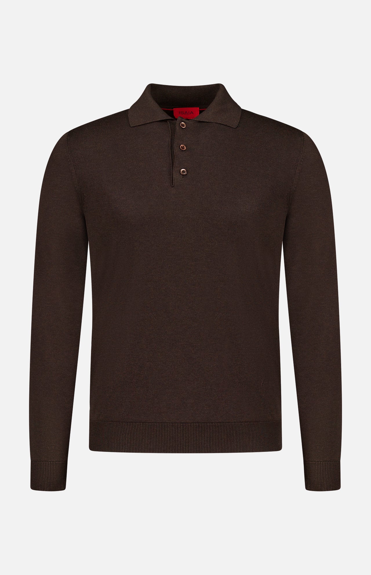 A Solid Silk Long Sleeve Polo Shirt by ISAIA, featuring a collar and three buttons in dark brown silk, made in Italy, is displayed on a plain white background.