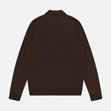 A solid, long-sleeve, dark brown silk polo shirt by ISAIA, made in Italy, is laid flat with the back facing up against a white background.