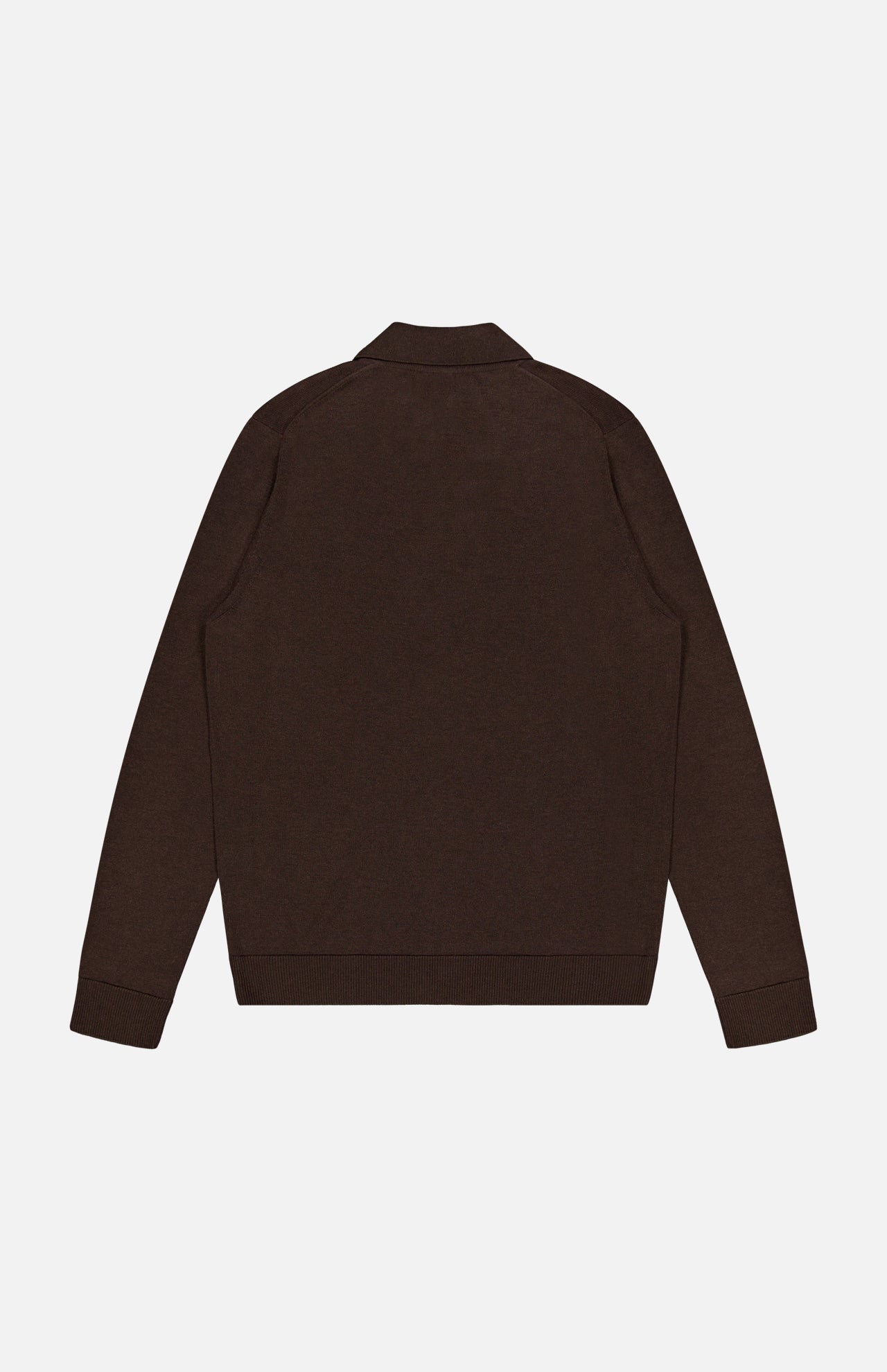 A solid, long-sleeve, dark brown silk polo shirt by ISAIA, made in Italy, is laid flat with the back facing up against a white background.