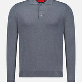 The ISAIA Solid Silk Long Sleeve Polo Shirt is a luxury men’s designer sweater in grey, showcasing a classic collar, three-button placket, and refined ribbed cuffs and hem, all presented on a plain white background.
