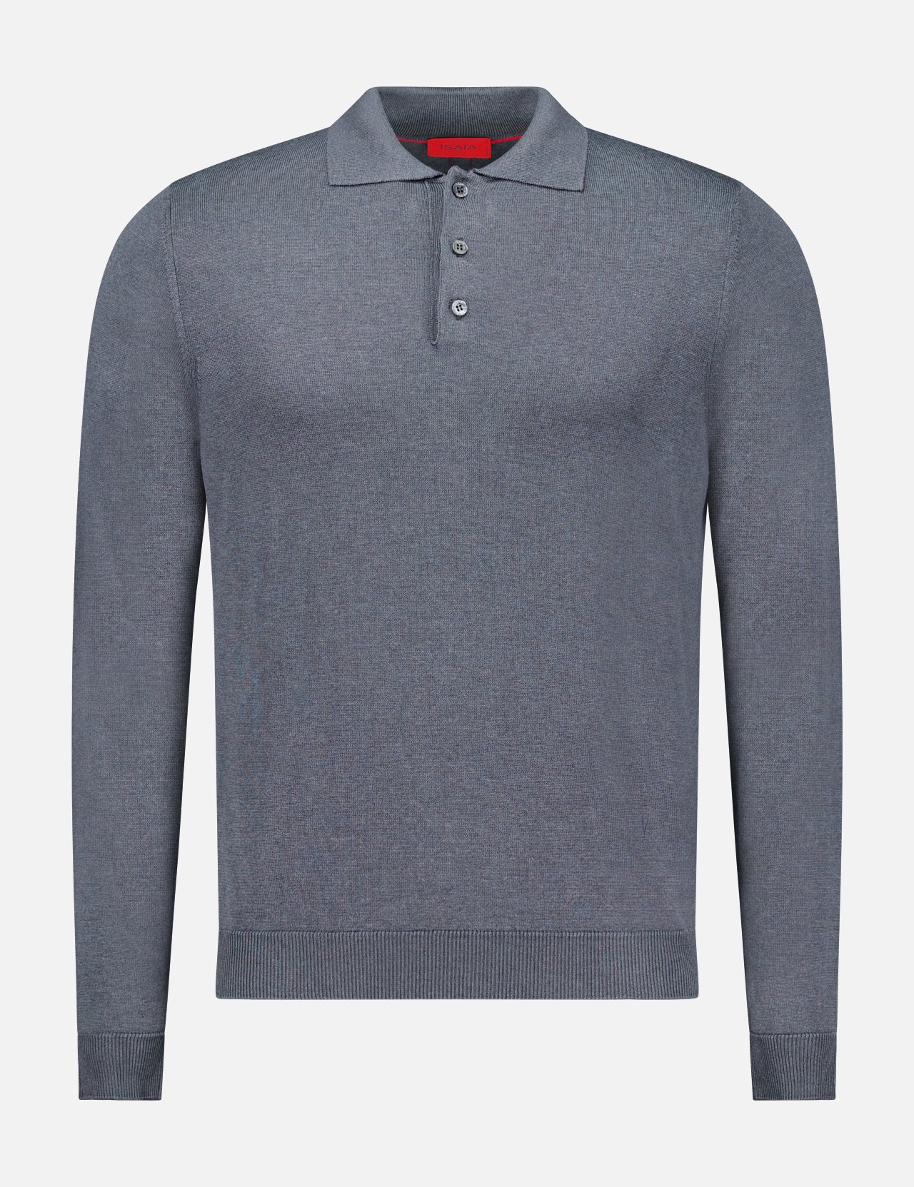 The ISAIA Solid Silk Long Sleeve Polo Shirt is a luxury men’s designer sweater in grey, showcasing a classic collar, three-button placket, and refined ribbed cuffs and hem, all presented on a plain white background.