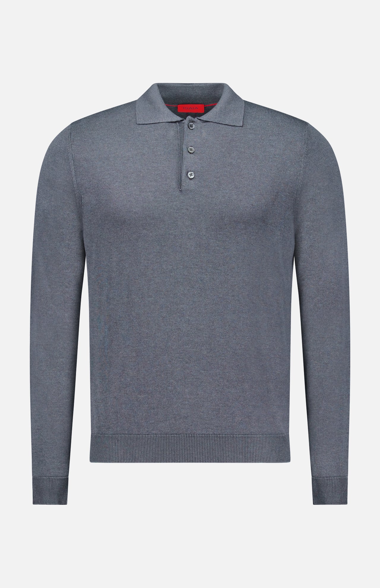 The ISAIA Solid Silk Long Sleeve Polo Shirt is a luxury men’s designer sweater in grey, showcasing a classic collar, three-button placket, and refined ribbed cuffs and hem, all presented on a plain white background.