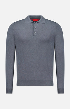 The ISAIA Solid Silk Long Sleeve Polo Shirt is a luxury men’s designer sweater in grey, showcasing a classic collar, three-button placket, and refined ribbed cuffs and hem, all presented on a plain white background.