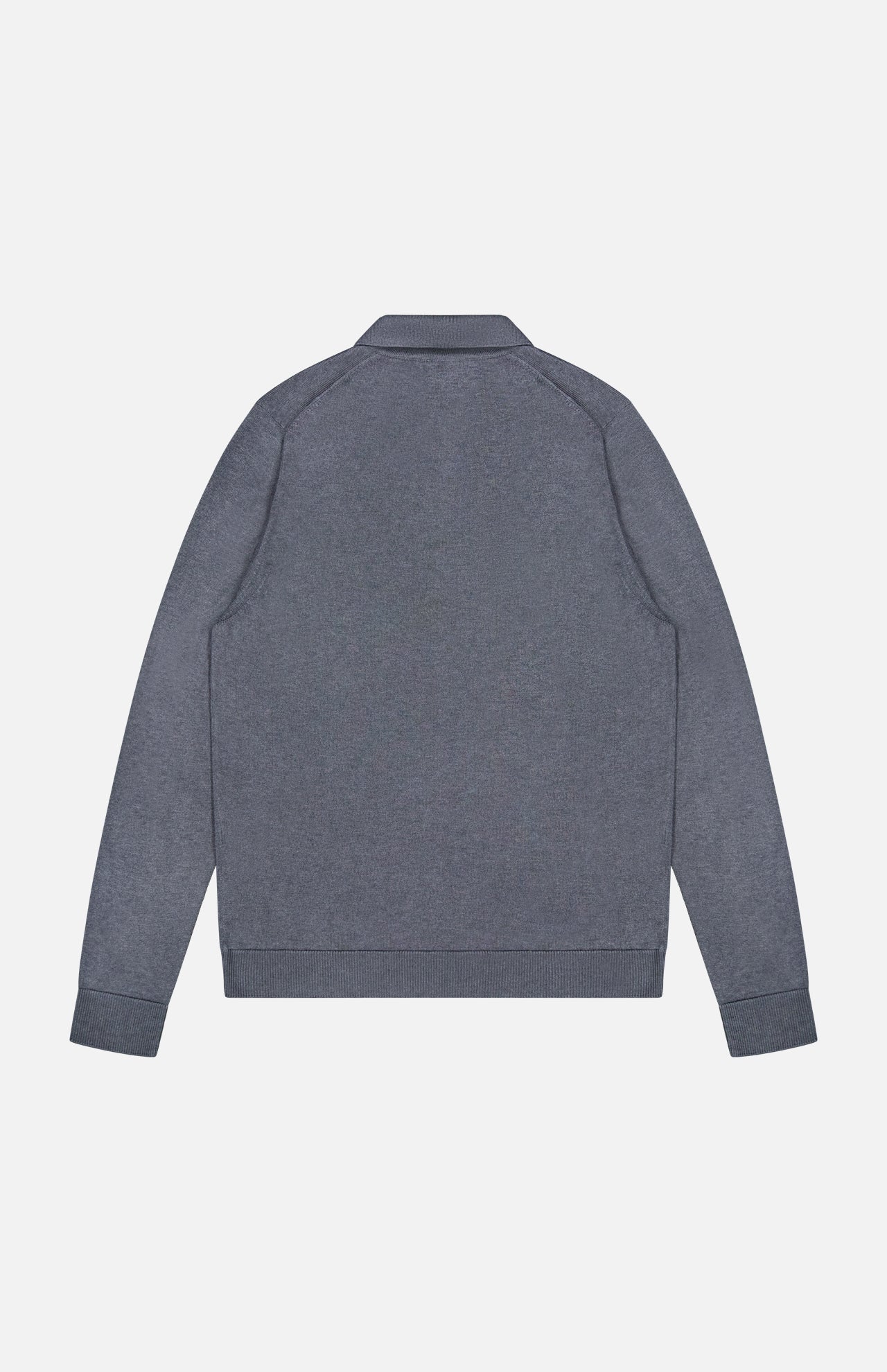 The ISAIA Solid Silk Long Sleeve Polo Shirt is displayed from the back against a white background. Echoing the refined simplicity of luxury polos, this slate gray shirt features a ribbed collar, cuffs, and hem.
