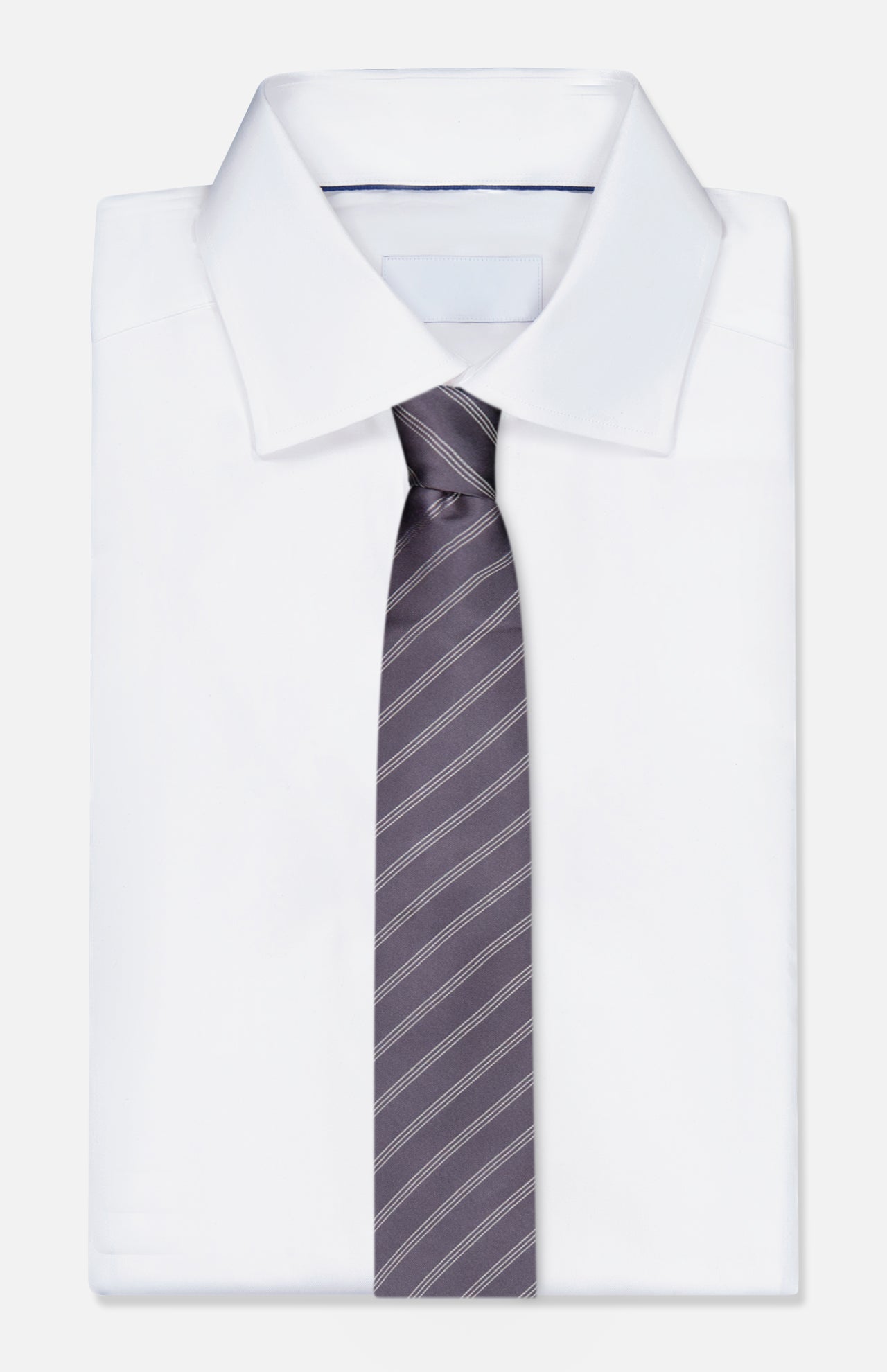 An ISAIA Stripe Neck Tie with dark gray and diagonal light stripes is paired with a neatly folded white dress shirt featuring a pointed collar, both displayed on a plain white background.