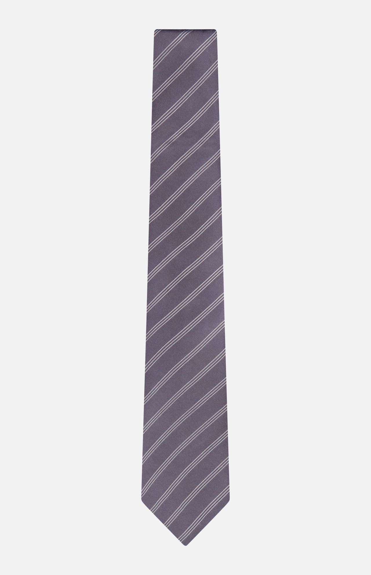 The ISAIA Stripe Neck Tie, featuring thin diagonal white stripes on a purple background, is displayed on a plain white surface.