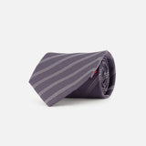An ISAIA Stripe Neck Tie, featuring diagonal light gray stripes on dark gray silk, is rolled up and displayed against a plain white background.