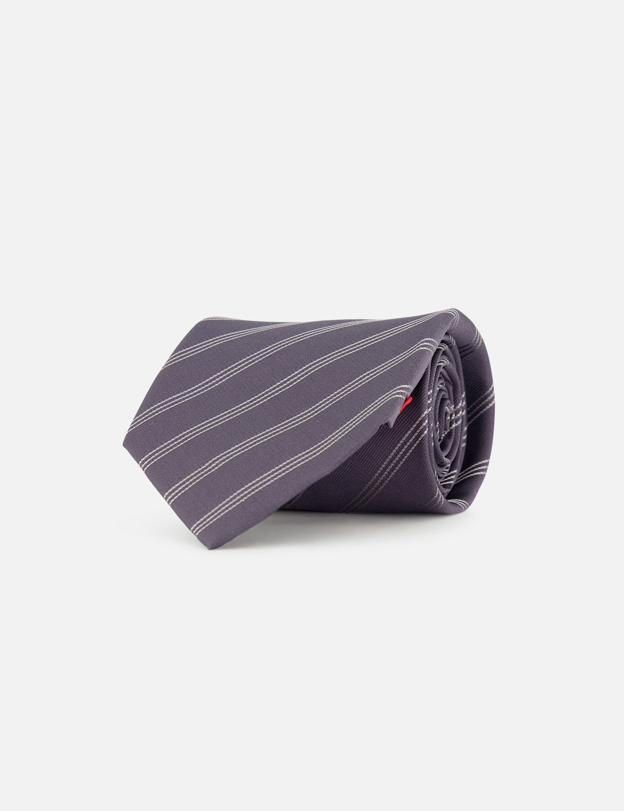 An ISAIA Stripe Neck Tie, featuring diagonal light gray stripes on dark gray silk, is rolled up and displayed against a plain white background.
