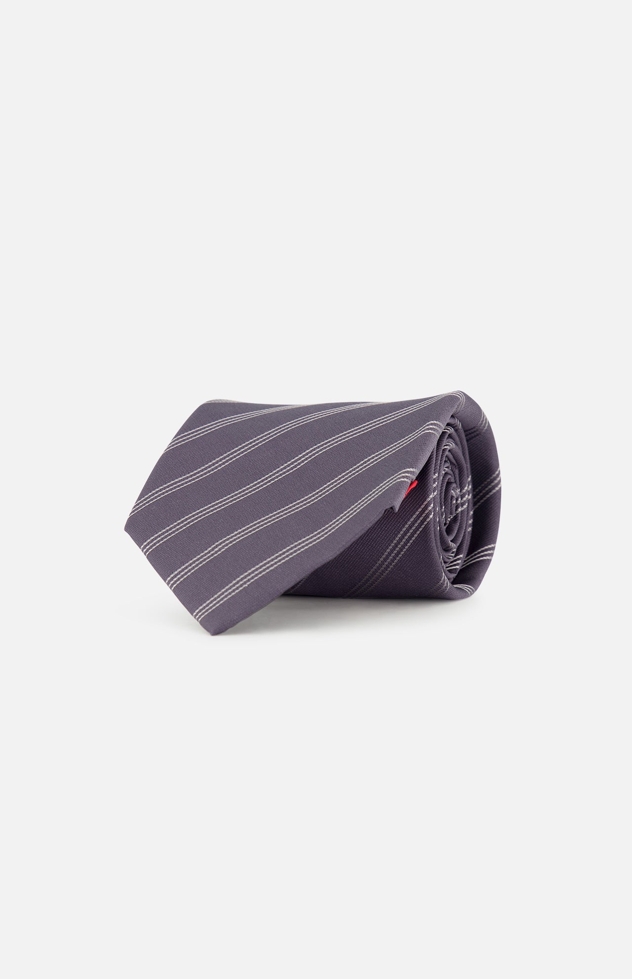 An ISAIA Stripe Neck Tie, featuring diagonal light gray stripes on dark gray silk, is rolled up and displayed against a plain white background.