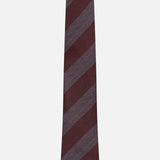 Isaia Stripe Tie in silk featuring a diagonal stripe design in burgundy and grey.