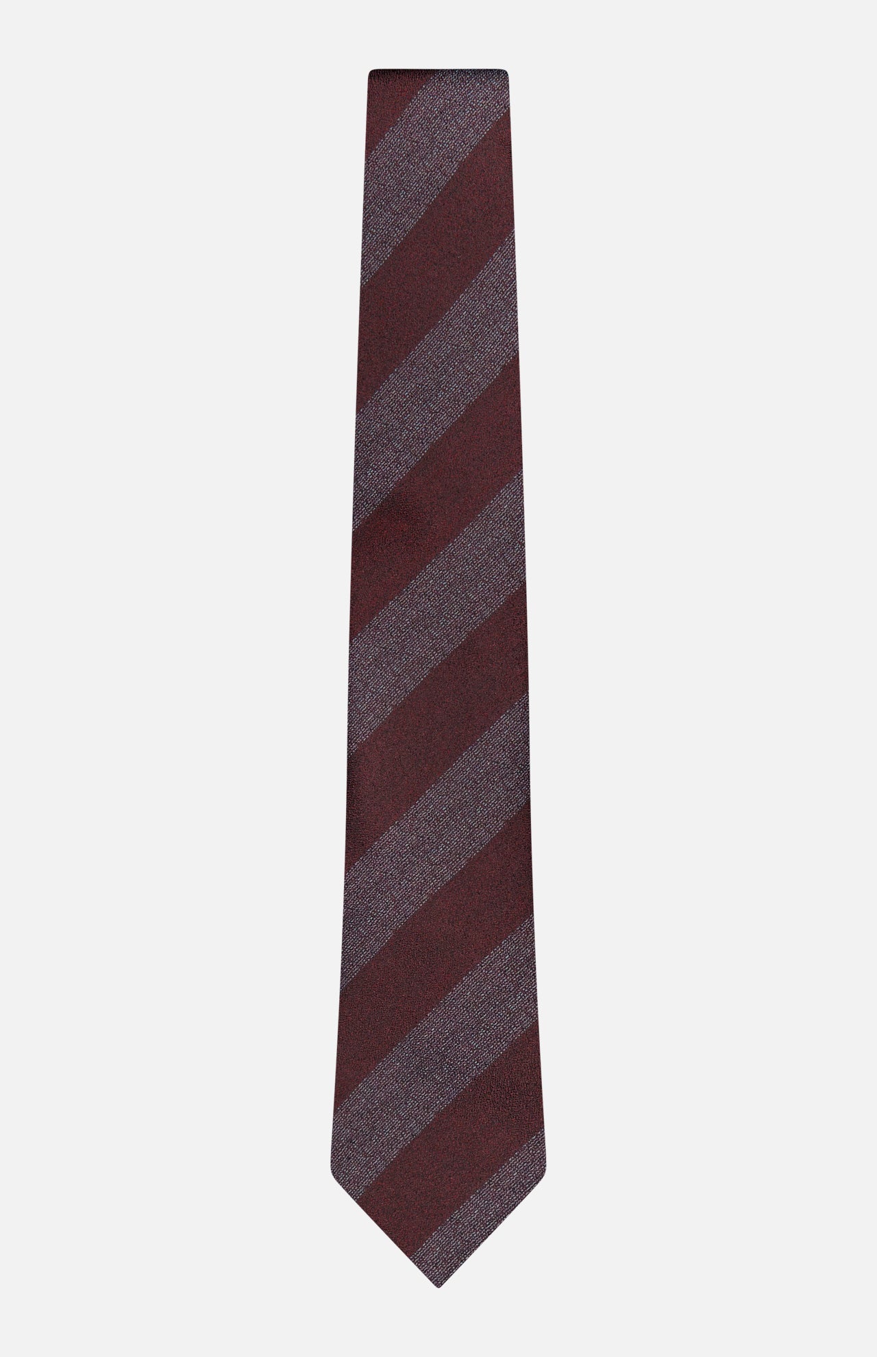 Isaia Stripe Tie in silk featuring a diagonal stripe design in burgundy and grey.