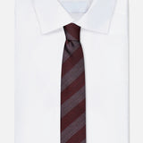 A white dress shirt paired with an Isaia Stripe Tie in burgundy silk featuring a stripe design.