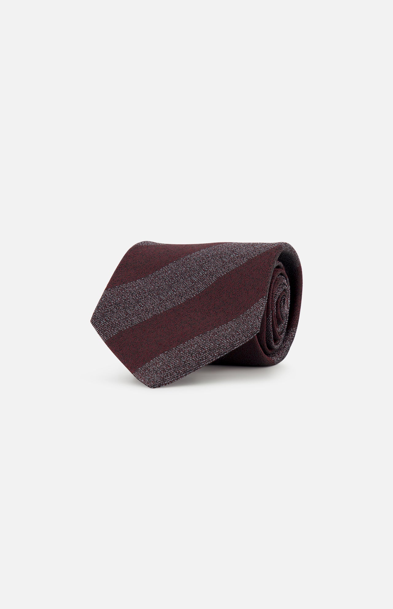 A rolled Isaia Stripe Tie in burgundy featuring wide diagonal stripes in dark red and grey.