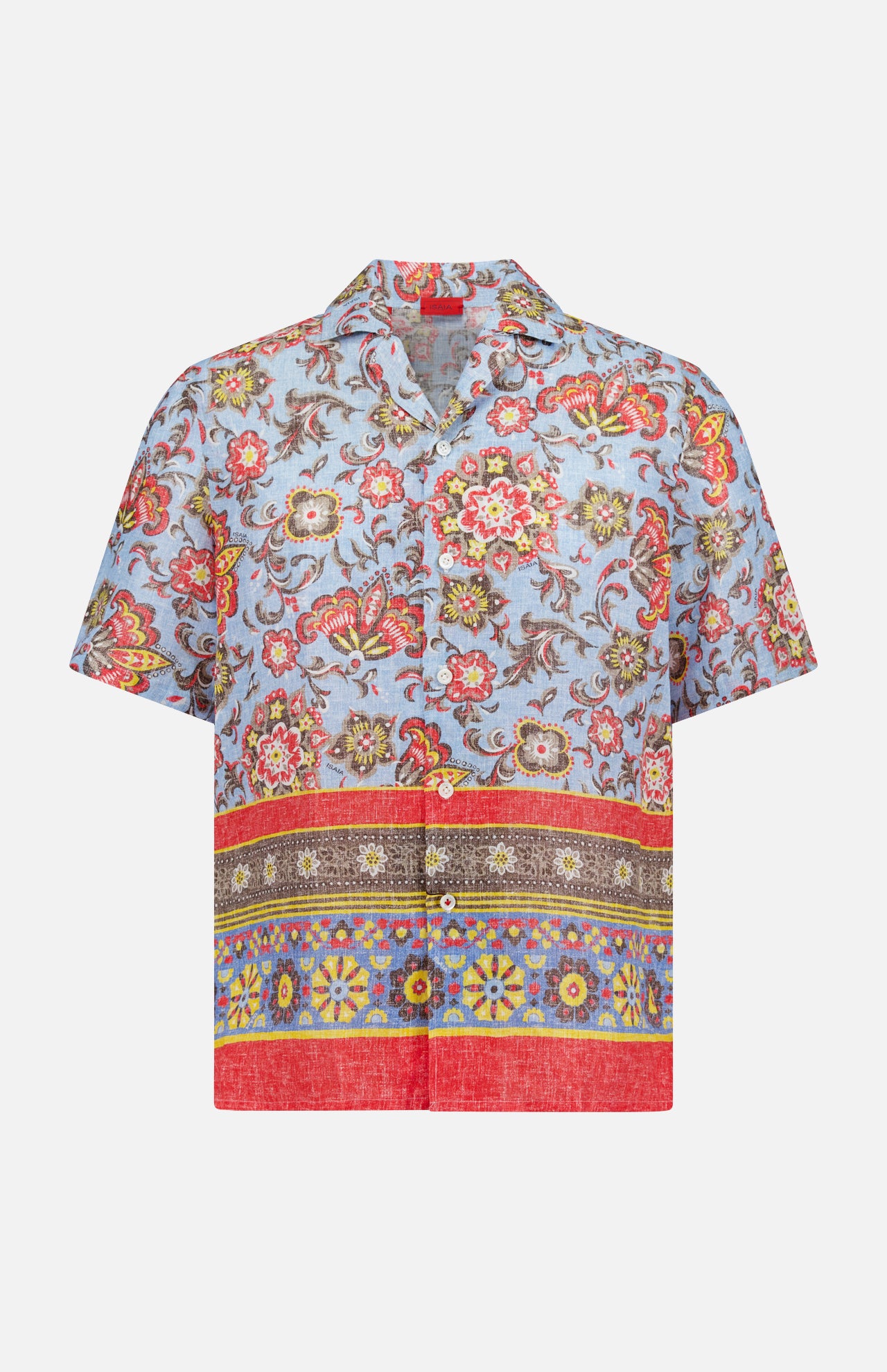 The ISAIA Superlino Print Linen Floral Camp Shirt features a light blue base with red, yellow, and brown floral and paisley designs plus a multicolored geometric border at the hem, creating a stylish vacation-ready look.