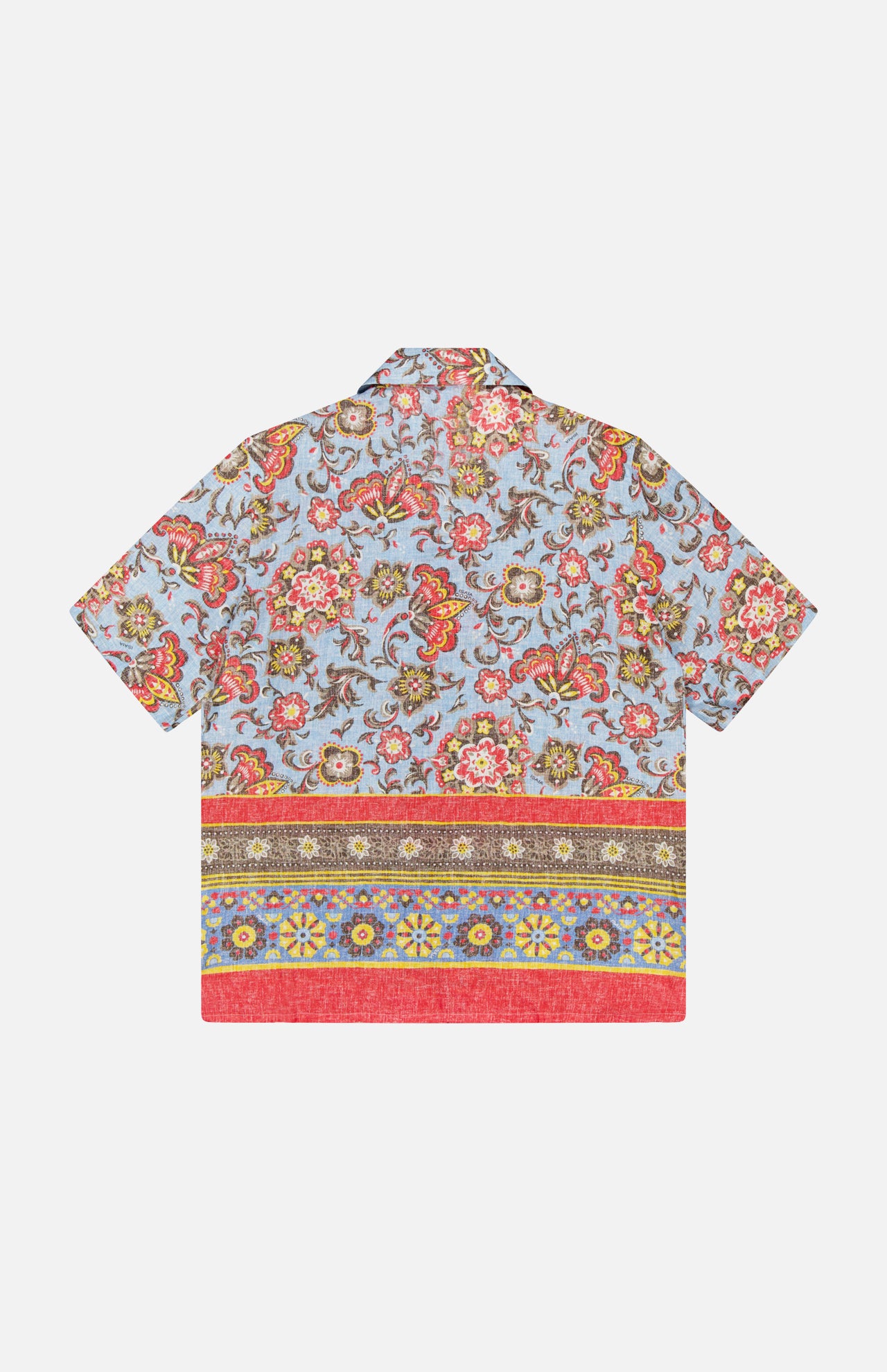 The ISAIA Superlino Print Linen Floral Camp Shirt is a lightweight linen short-sleeve top with a red, yellow, and pink paisley print on light blue and decorative hem borders—an ideal vacation shirt.