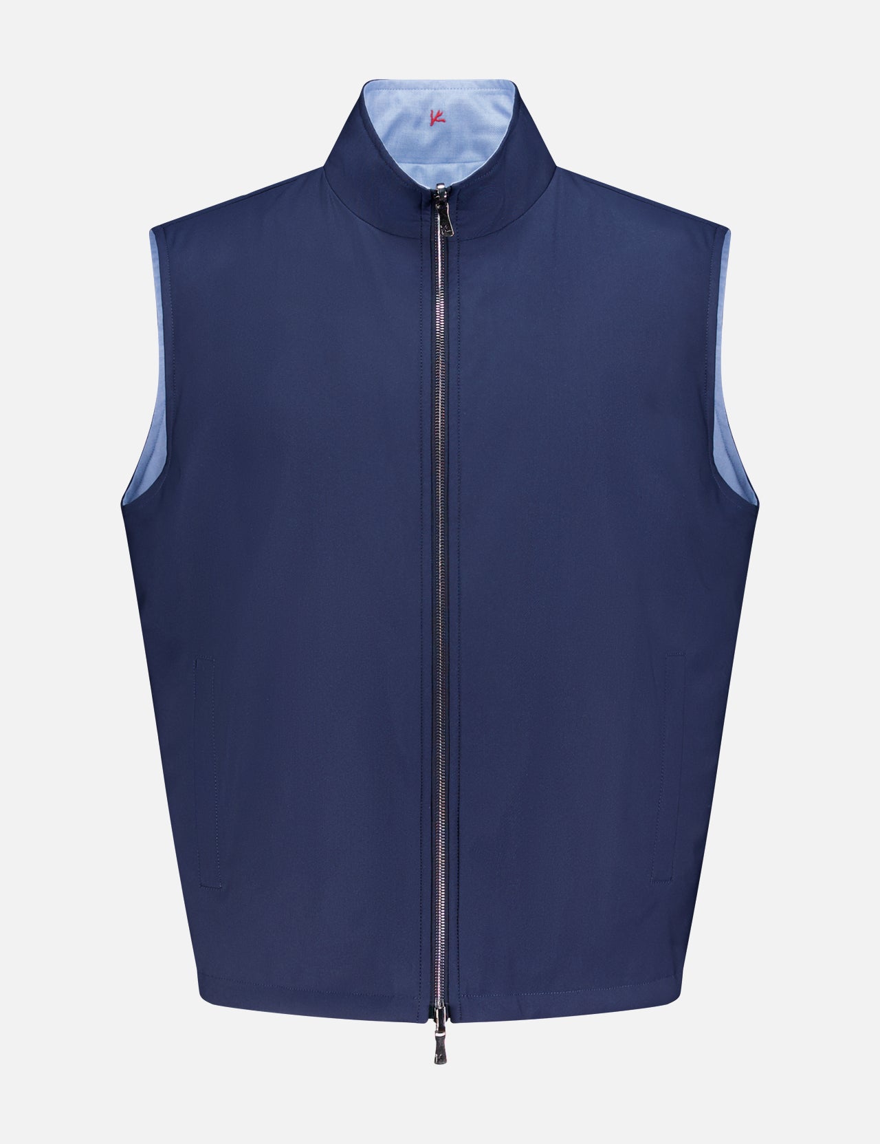 The ISAIA Tecno Wool & Silk Reversible Vest is sleeveless, navy blue with a front zipper, high collar, light blue inner lining, and made from premium Italian wool-blend fabric. Shown against a plain white background.