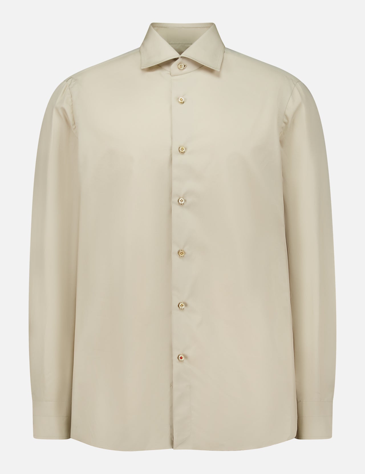 The ISAIA Tessuto Camicia Dress Shirt is a beige, long-sleeve button-up with a pointed collar and light buttons, displayed on a plain white background. Drawing inspiration from timeless Italian style, this classic shirt features a simple, elegant design.