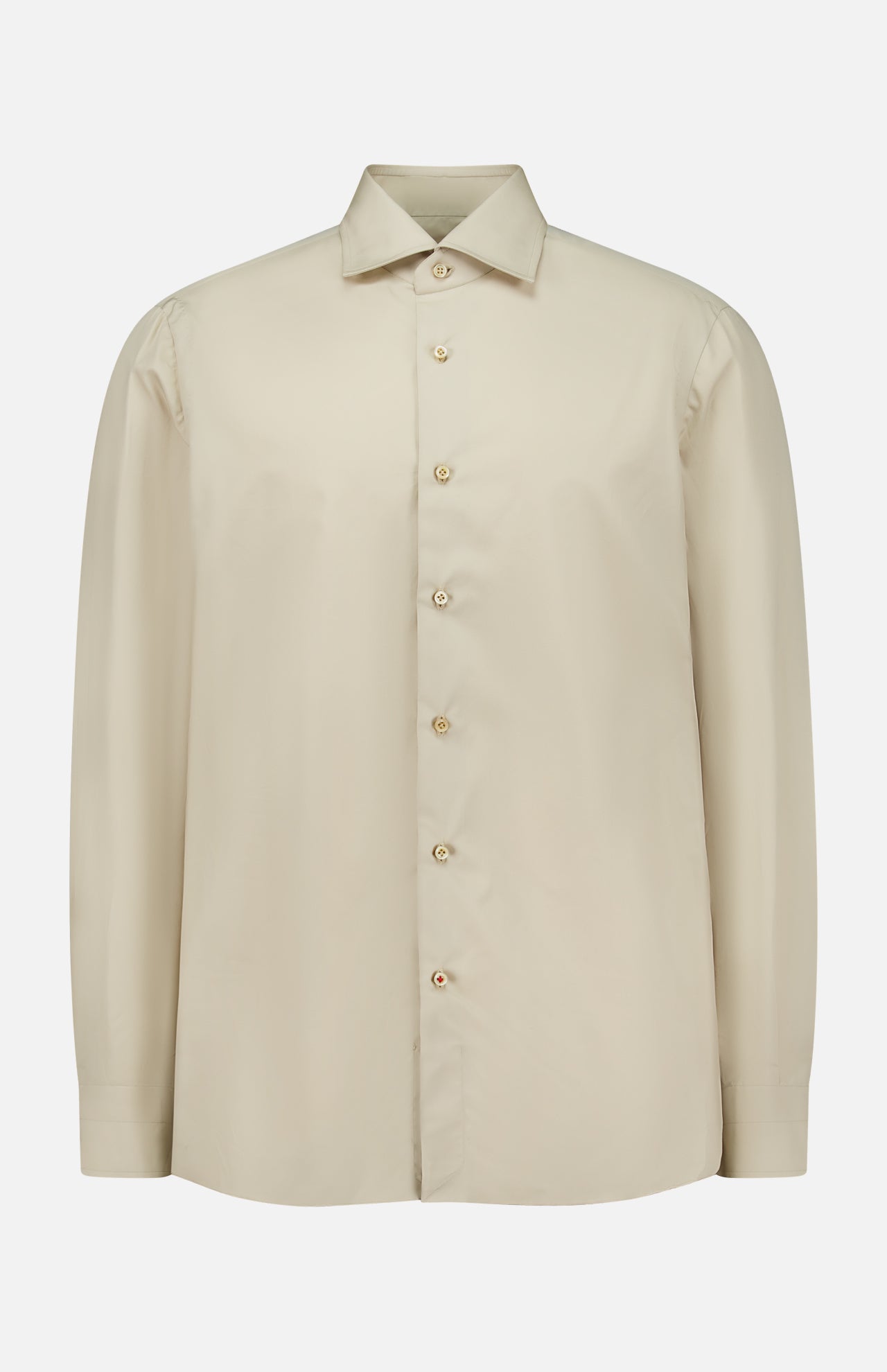 The ISAIA Tessuto Camicia Dress Shirt is a beige, long-sleeve button-up with a pointed collar and light buttons, displayed on a plain white background. Drawing inspiration from timeless Italian style, this classic shirt features a simple, elegant design.