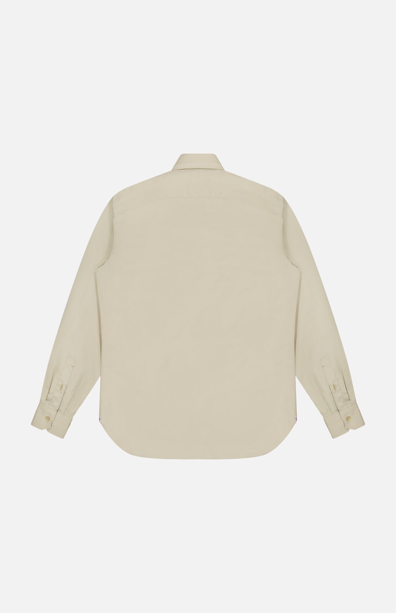 The ISAIA Tessuto Camicia Dress Shirt, inspired by classic Italian style, is displayed from the back, laid flat on a white background. This beige long-sleeve shirt features a button-up front, pointed collar, and buttoned cuffs.