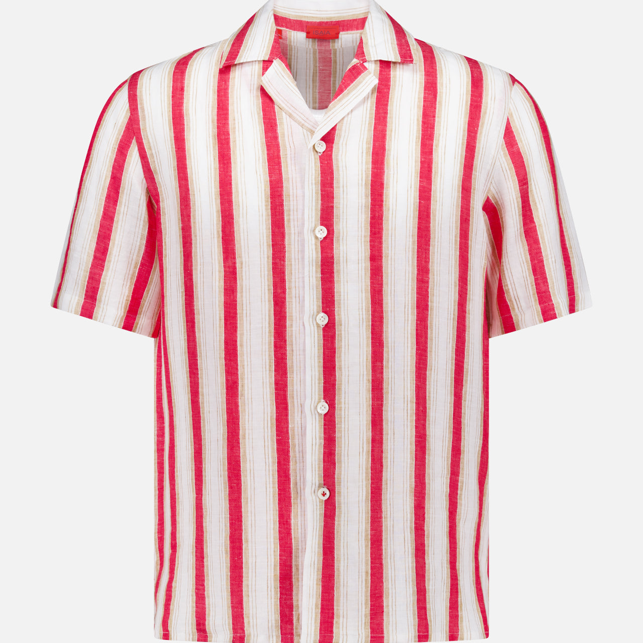 The ISAIA Tessuto Linen Camp Shirt is a men's short-sleeved camp shirt with a collar, featuring vertical red and white stripes on a light background—ideal for warm weather vacations.
