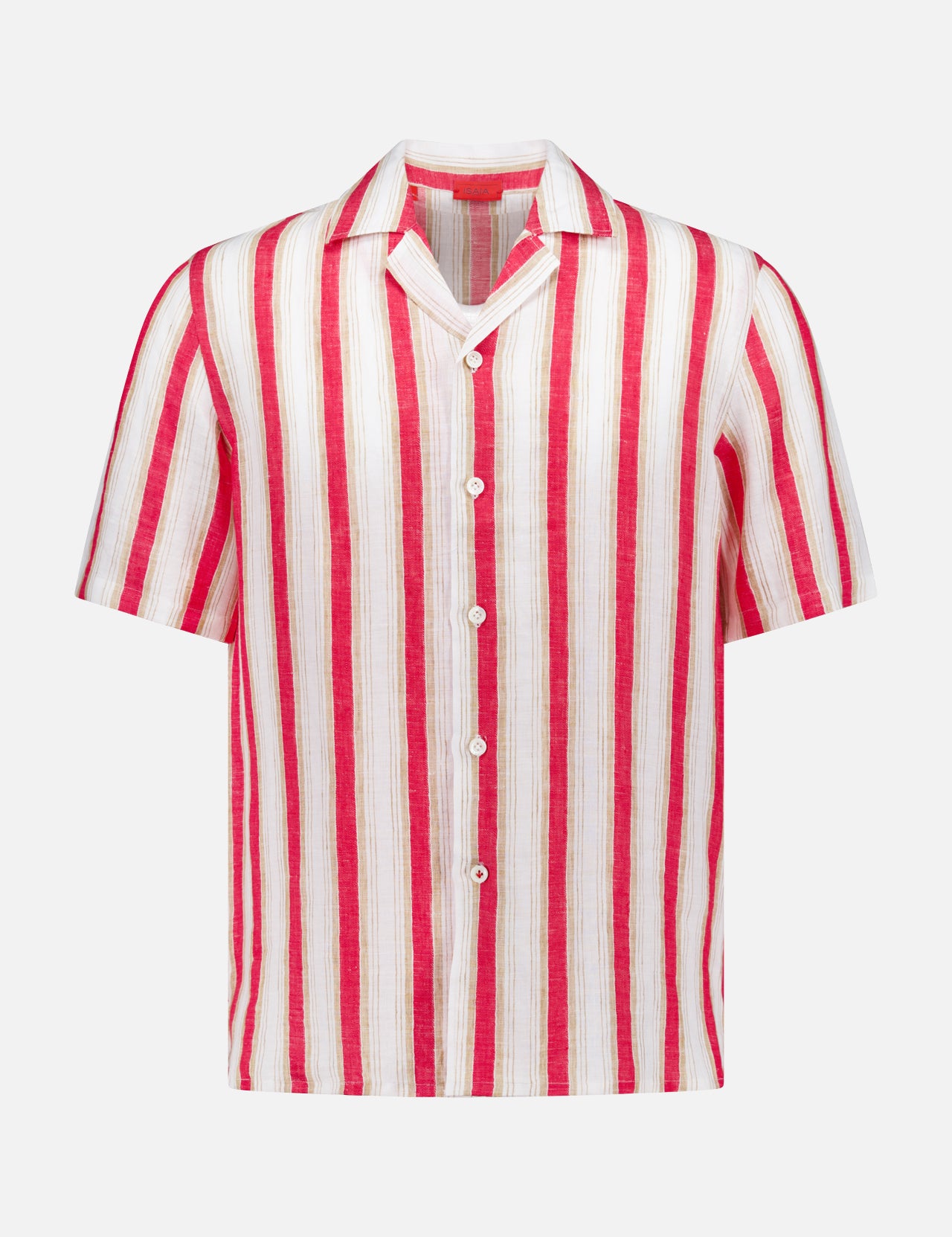 The ISAIA Tessuto Linen Camp Shirt is a men's short-sleeved camp shirt with a collar, featuring vertical red and white stripes on a light background—ideal for warm weather vacations.