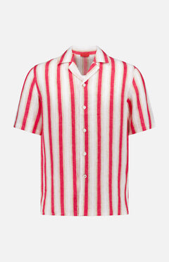 The ISAIA Tessuto Linen Camp Shirt is a men's short-sleeved camp shirt with a collar, featuring vertical red and white stripes on a light background—ideal for warm weather vacations.