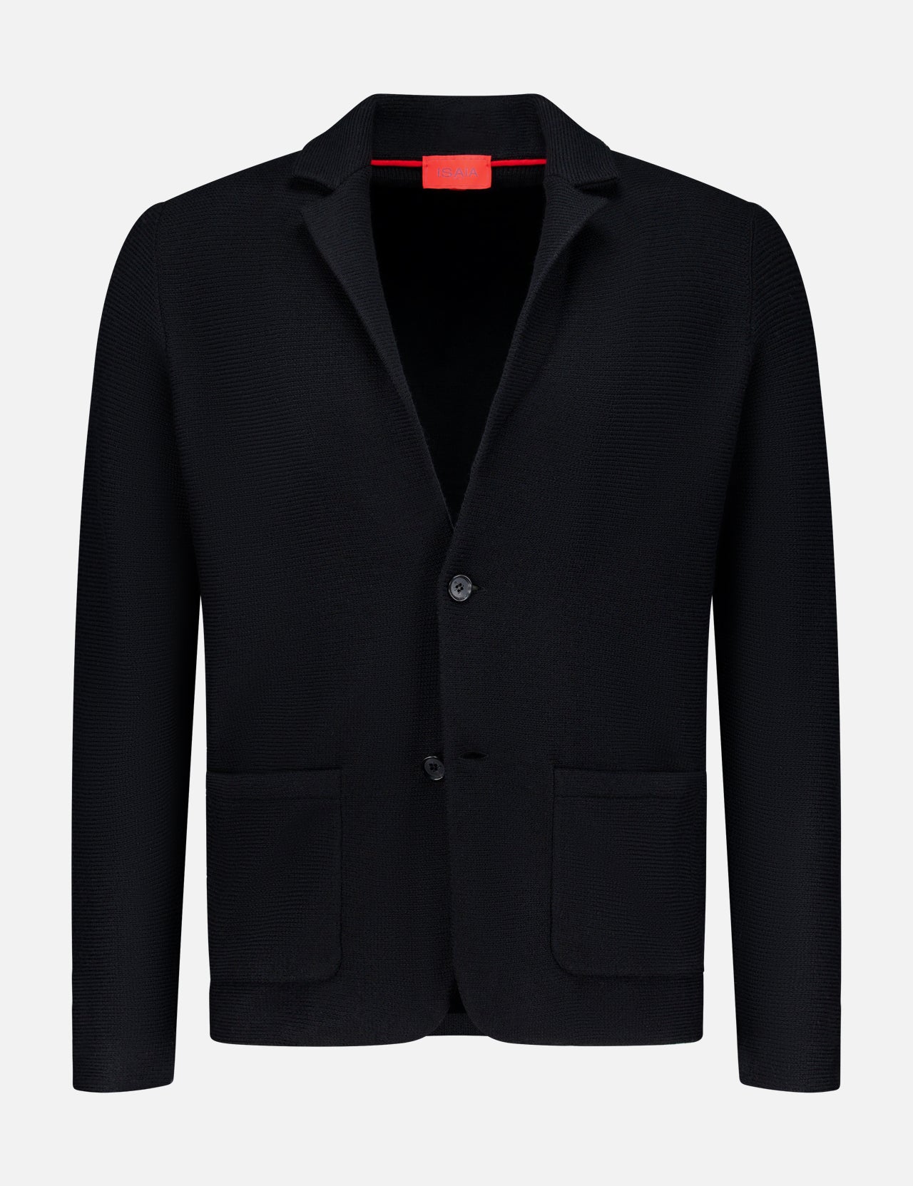 The ISAIA Two Button Knit Sportcoat in black showcases two front pockets, a notched lapel, and a classic two-button closure, presented against a plain white background.