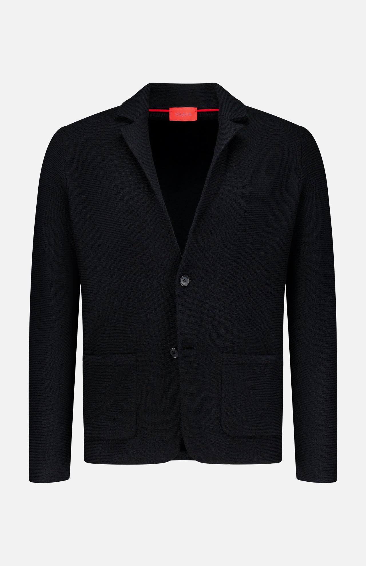 The ISAIA Two Button Knit Sportcoat in black showcases two front pockets, a notched lapel, and a classic two-button closure, presented against a plain white background.