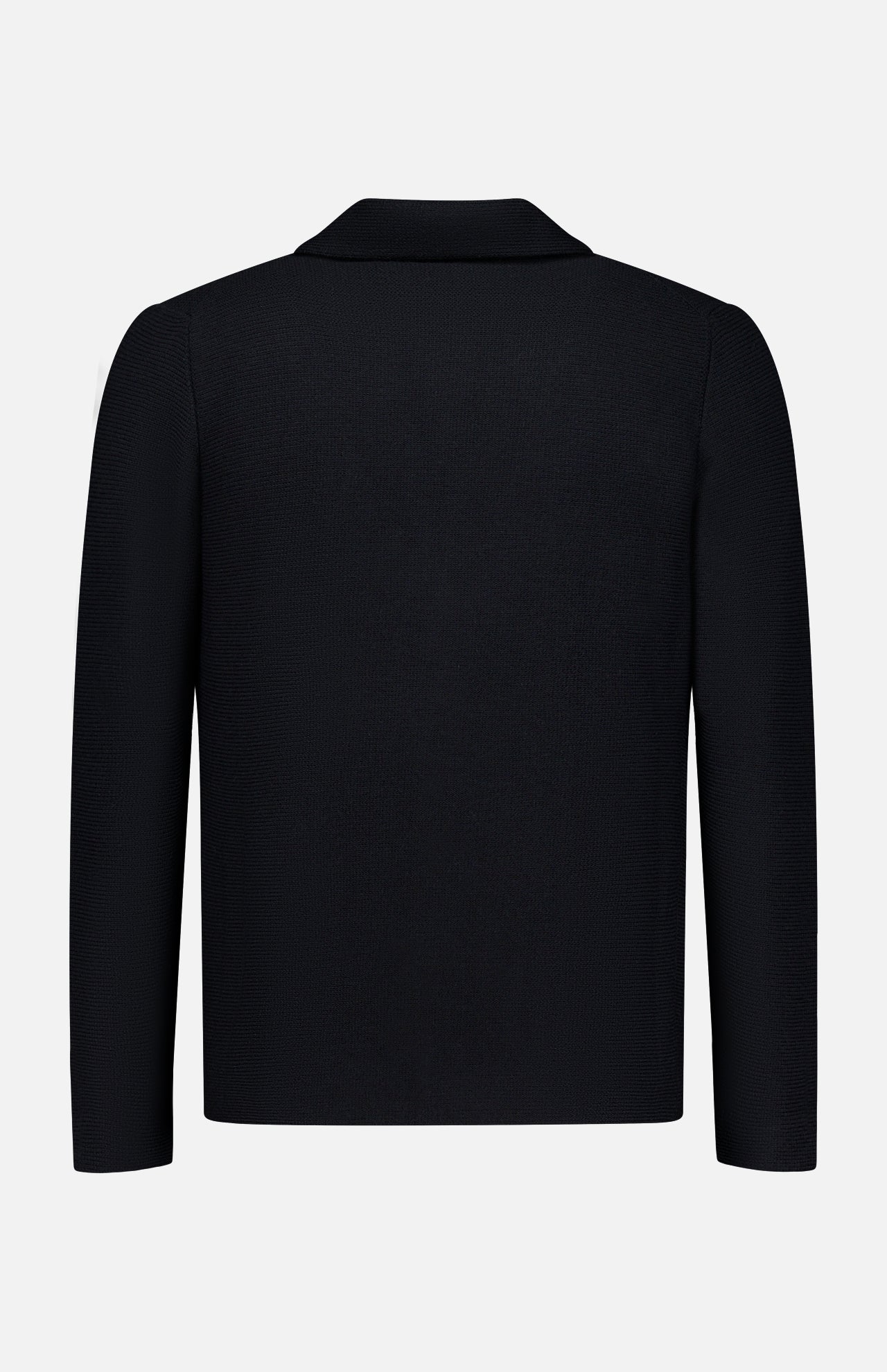 The ISAIA Two Button Knit Sportcoat in black is displayed from the back against a plain white background. Featuring a streamlined, unadorned design with a small collar and no visible buttons or embellishments on the reverse, this piece embodies the classic versatility of a casual sportcoat.