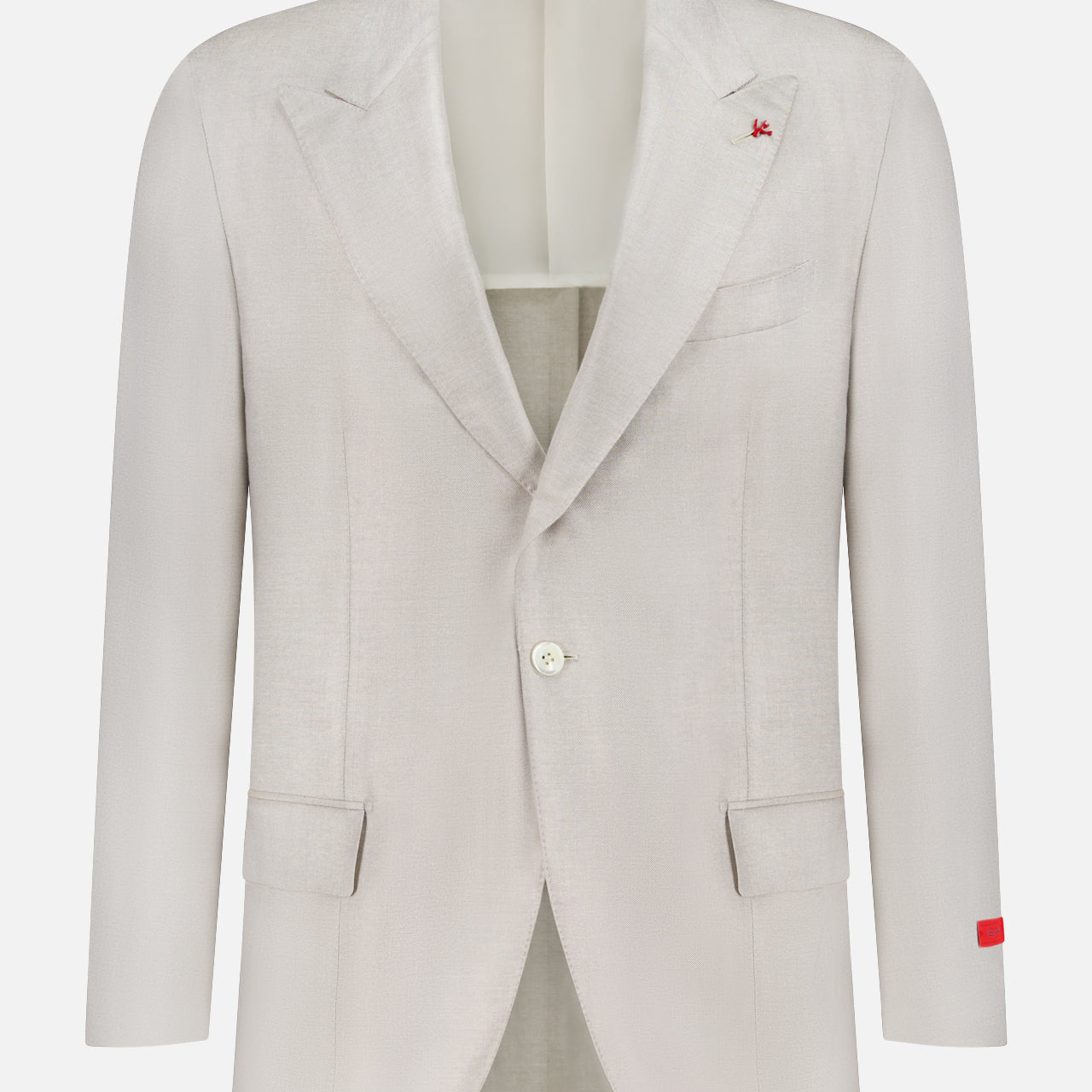 The ISAIA Unito Soft Silk Sportcoat is a light beige, single-breasted blazer with two buttons, notched lapels, flap pockets, and red accents on the left lapel and sleeve. Made in Italy, it’s shown against a white background.
